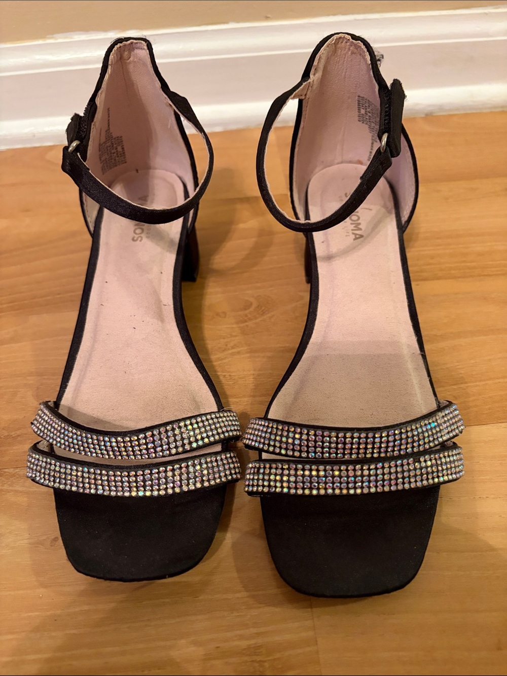 Girls Black Rhinestone Ankle-Strap Block Heel Sandals size 3